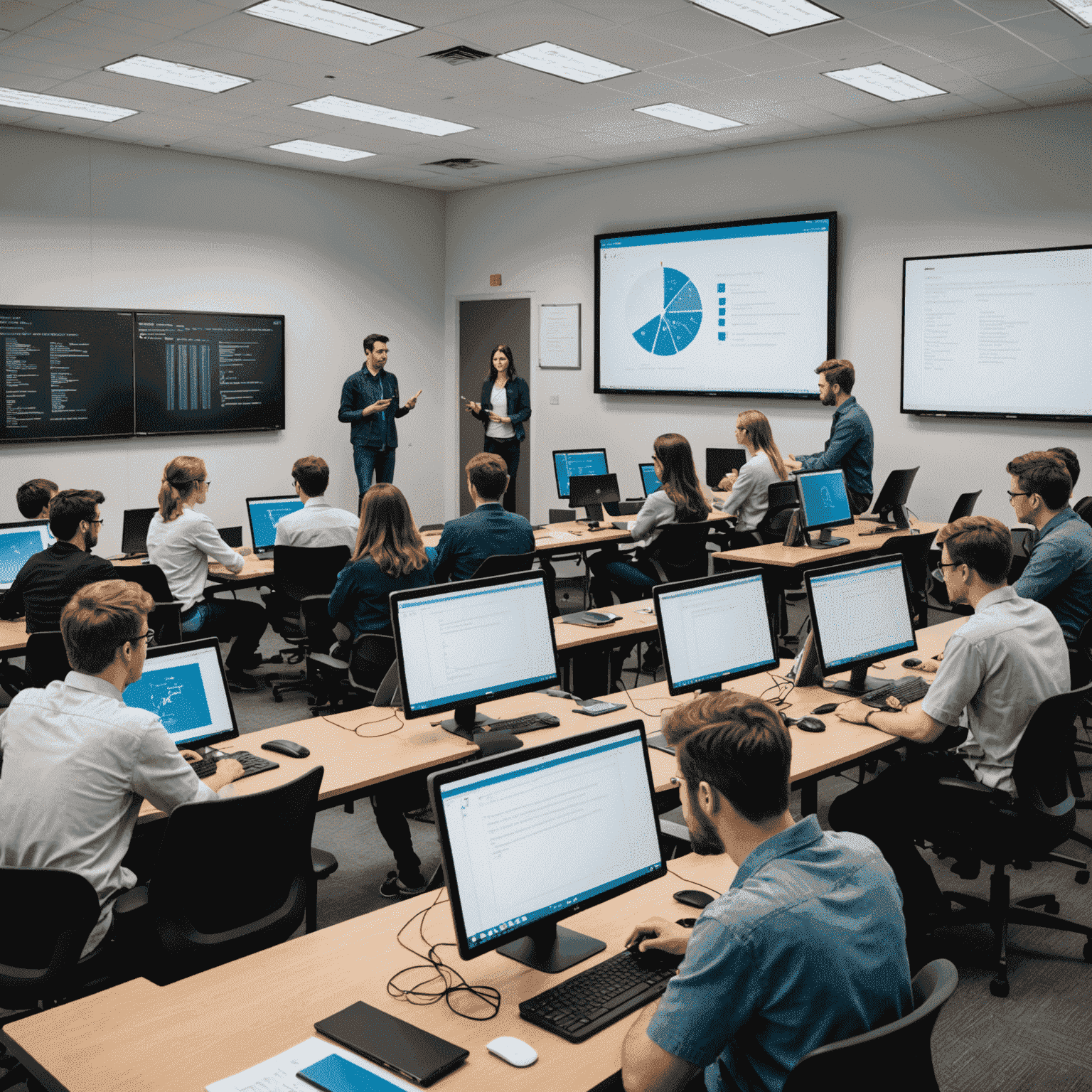 Imagen de un aula moderna de programación con estudiantes trabajando en computadoras, rodeados de pantallas con código y un instructor explicando conceptos en una pizarra digital