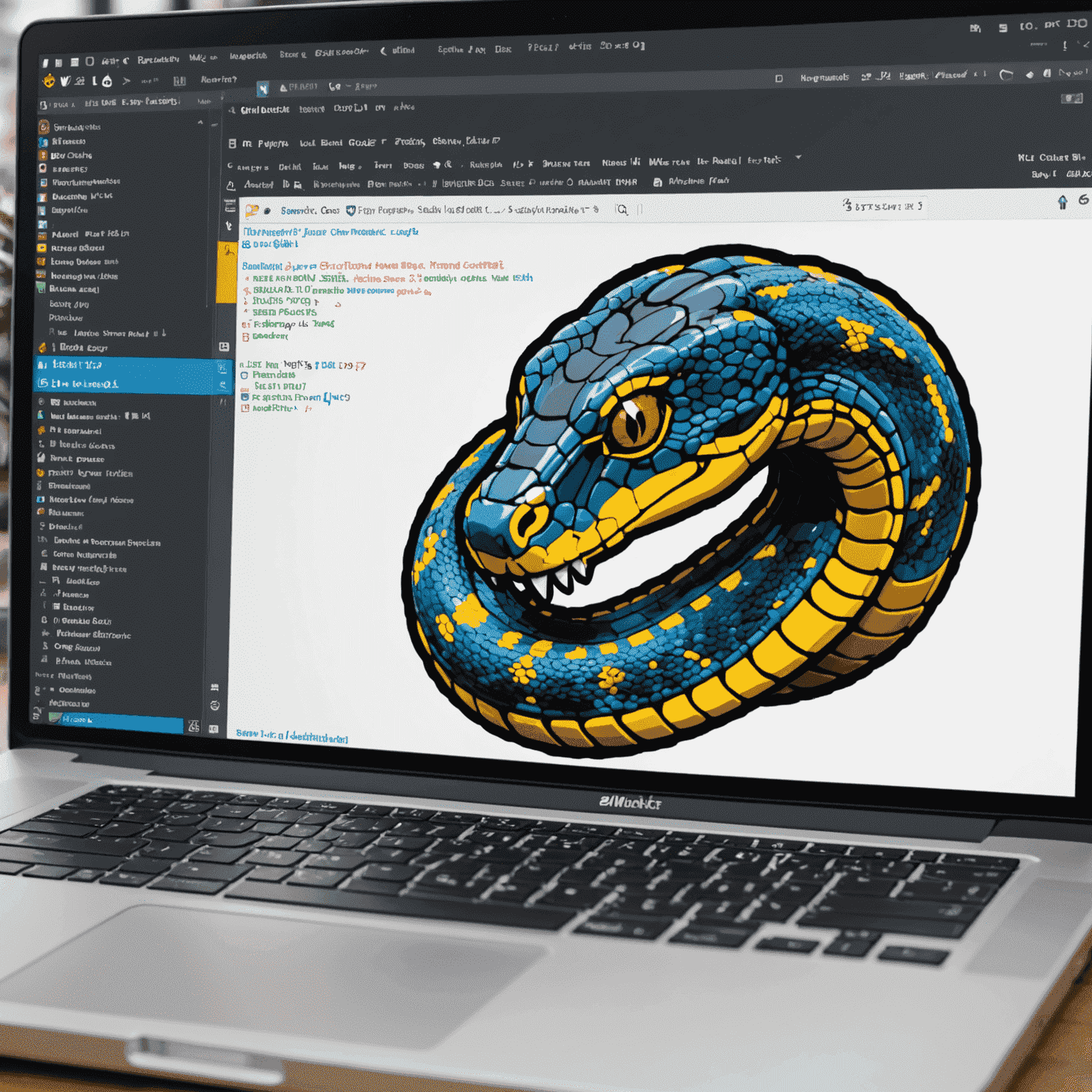 Imagen que muestra código Python básico en un editor de texto con resaltado de sintaxis. En el fondo, se ven iconos de la serpiente Python y logos de IDEs populares.