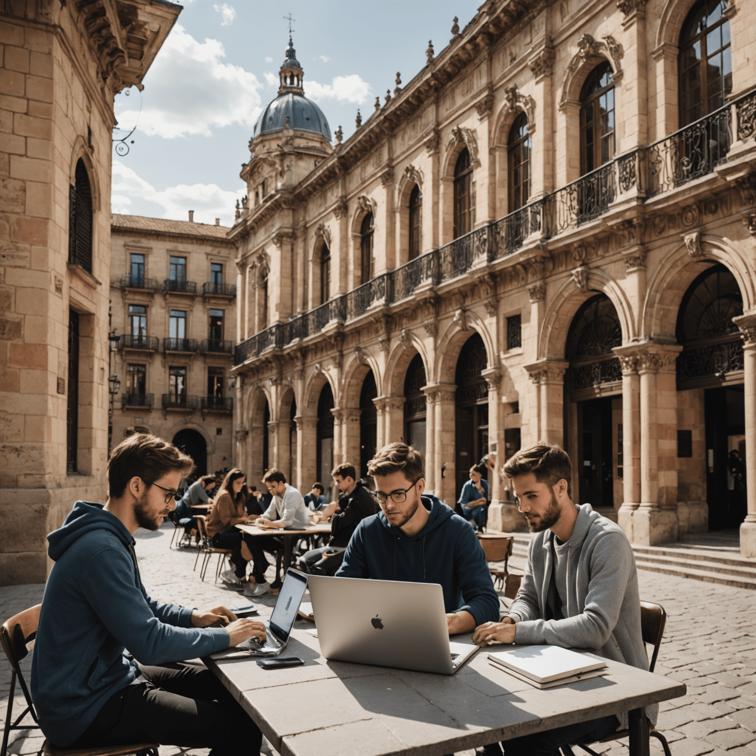 Estudiantes de programación trabajando en sus laptops en una plaza española llena de arquitectura histórica