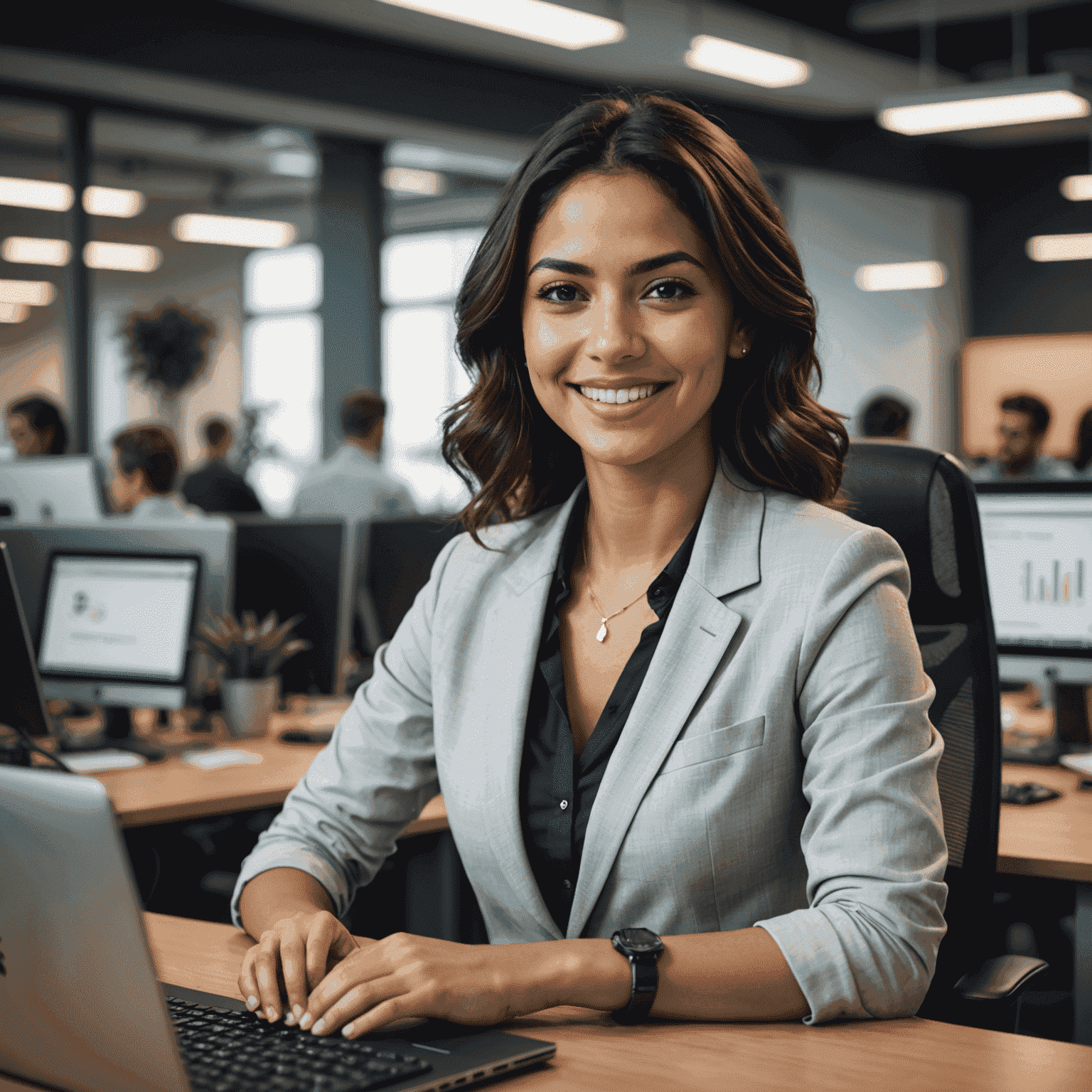 María Rodríguez, una joven desarrolladora sonriente frente a su computadora en un ambiente de oficina moderno