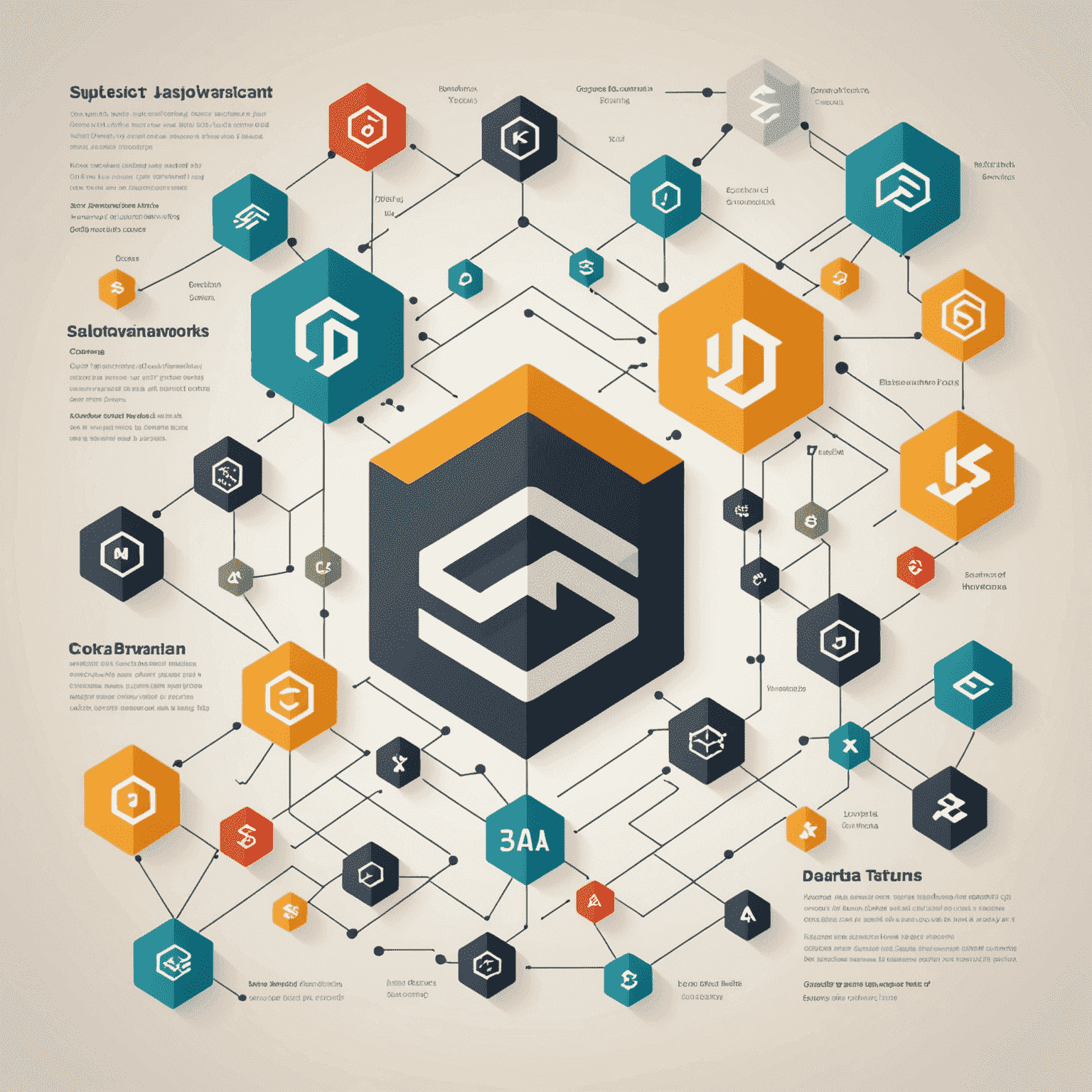 Imagen que muestra código JavaScript complejo con patrones de diseño avanzados y estructuras de datos. Se ven logos de frameworks modernos de JavaScript en el fondo.