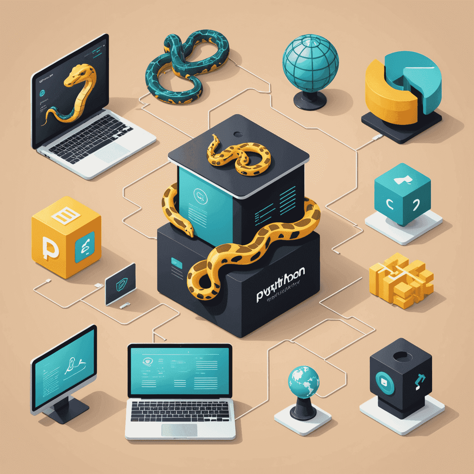 Ilustración mostrando diferentes aplicaciones de Python como desarrollo web, análisis de datos, inteligencia artificial y automatización