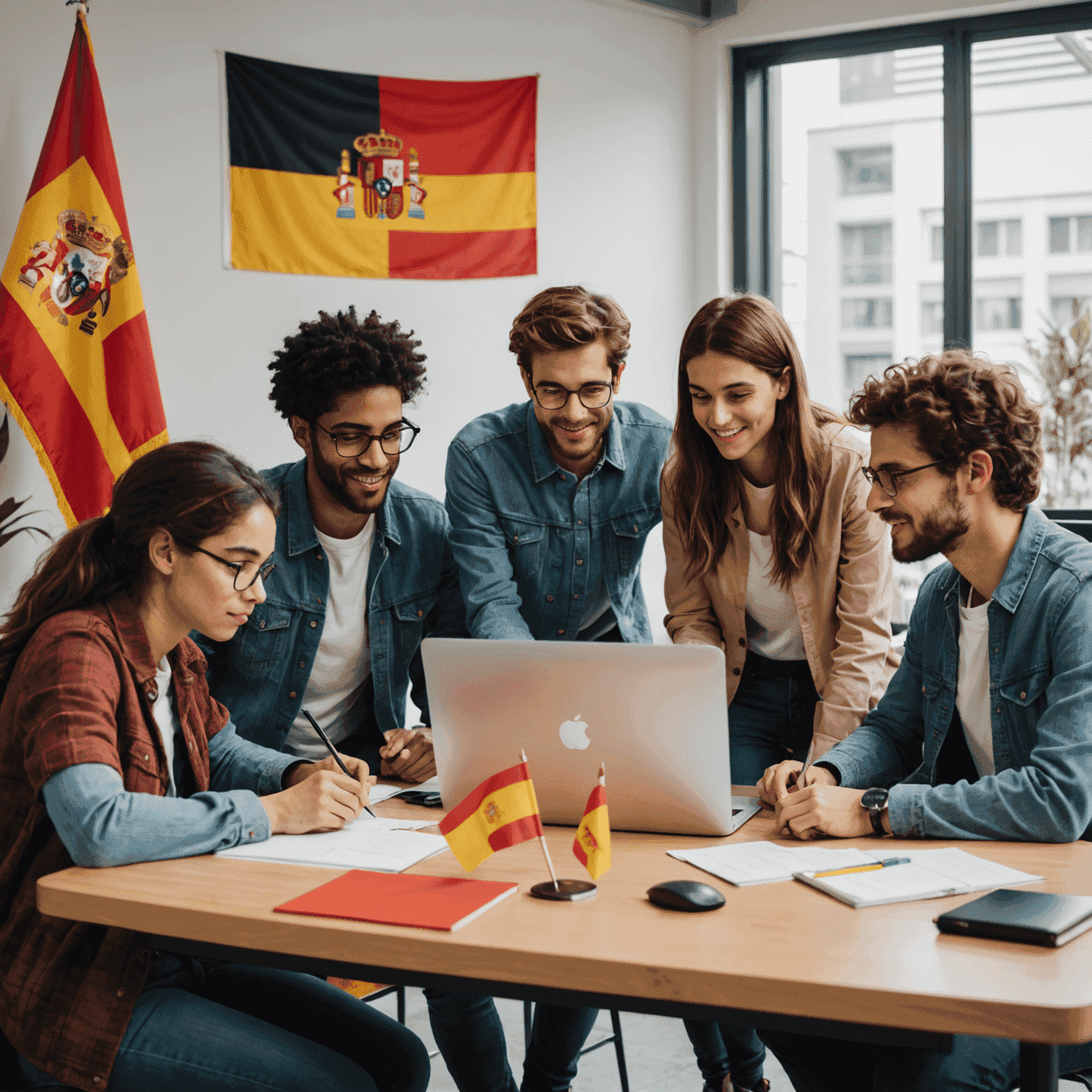 Grupo diverso de estudiantes de programación colaborando en un proyecto, con la bandera española y otras banderas internacionales de fondo