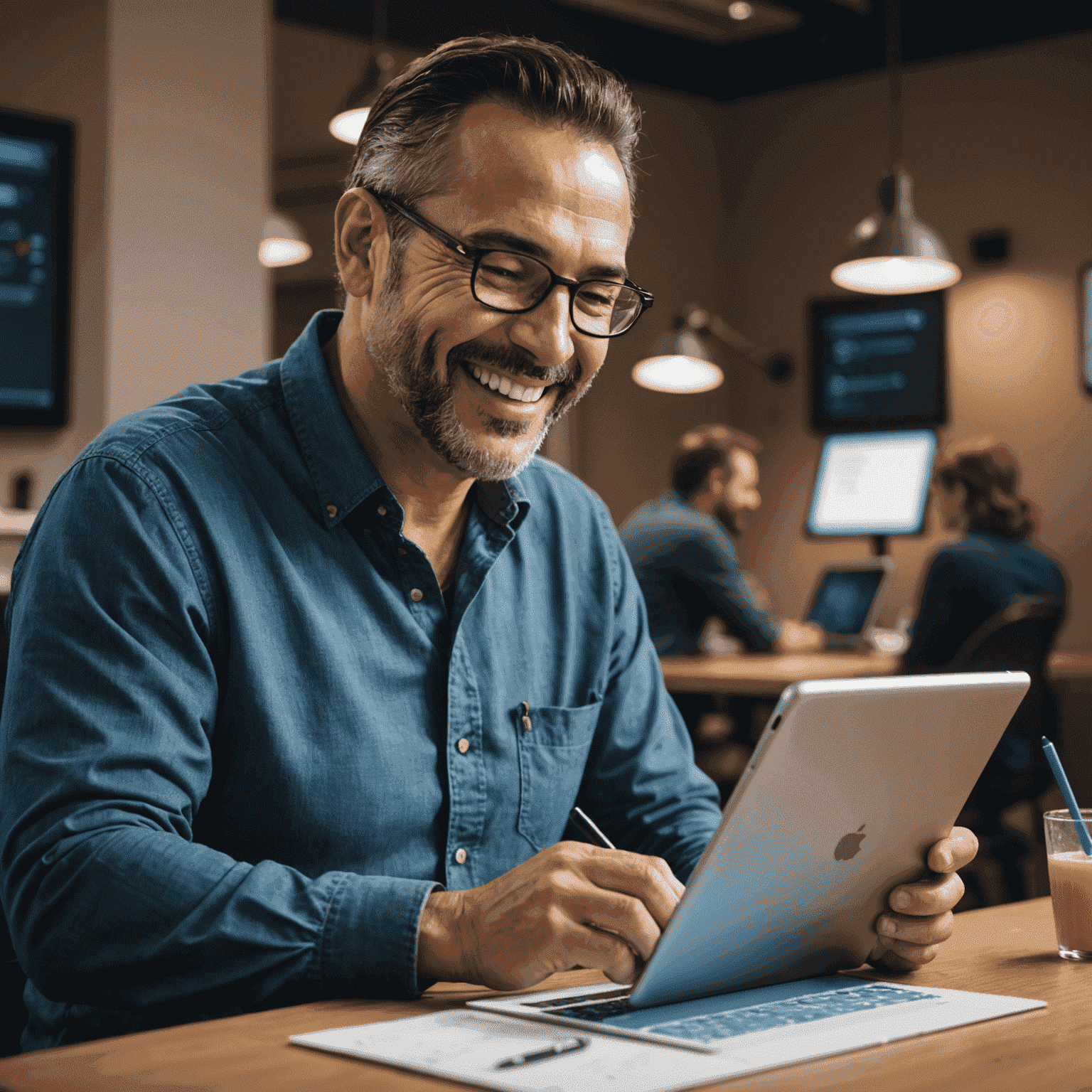 Carlos Méndez, un hombre de mediana edad sonriendo mientras trabaja en un proyecto de codificación en su tablet