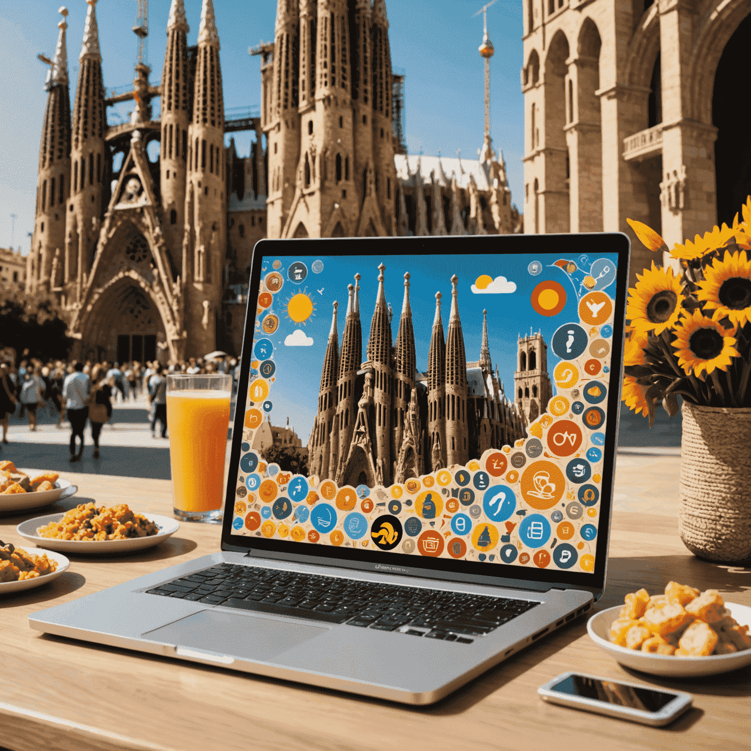 Imagen que muestra una mezcla de símbolos de codificación y elementos culturales españoles. Se ve un laptop con código en la pantalla junto a iconos de la Sagrada Familia, paella y otros símbolos españoles.