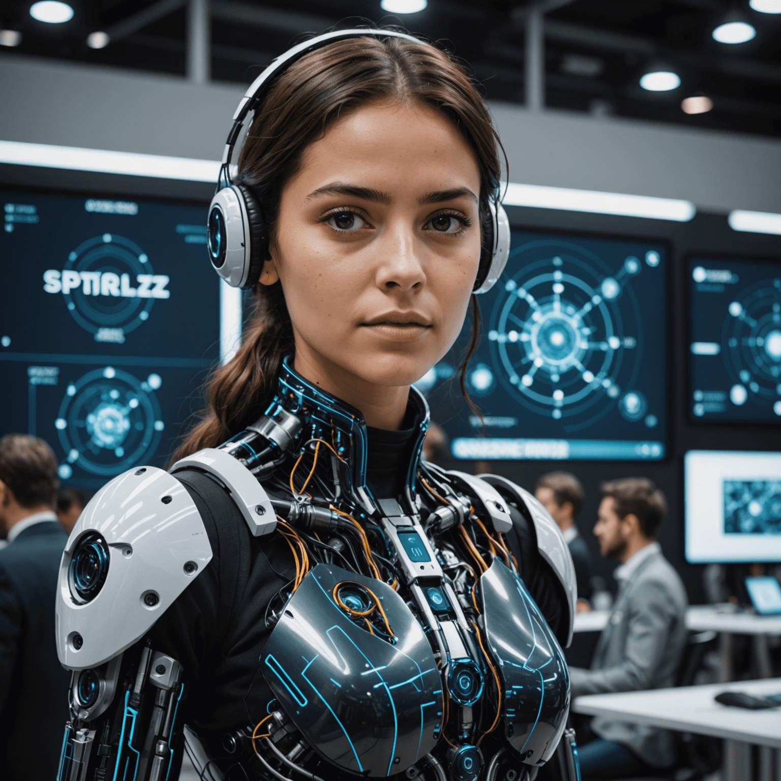 Ana Gómez, una mujer joven presentando su proyecto de inteligencia artificial en una conferencia tecnológica