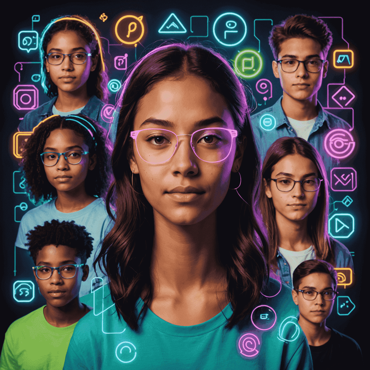 Collage de retratos de estudiantes exitosos con efectos de neón y símbolos de programación