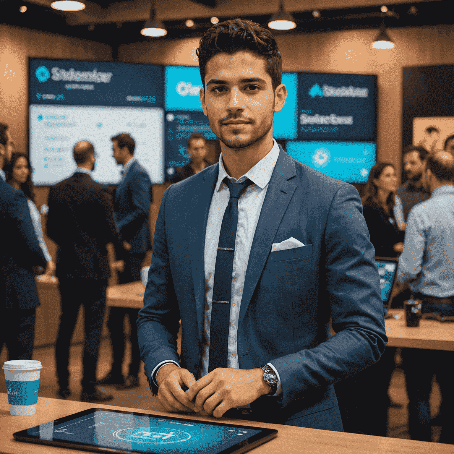 Javier Torres, un joven emprendedor presentando su startup de tecnología en un evento de inversores